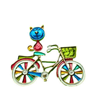 Brosche - Anhänger Katze mit Fahrrad mehrfarbigen Emaille